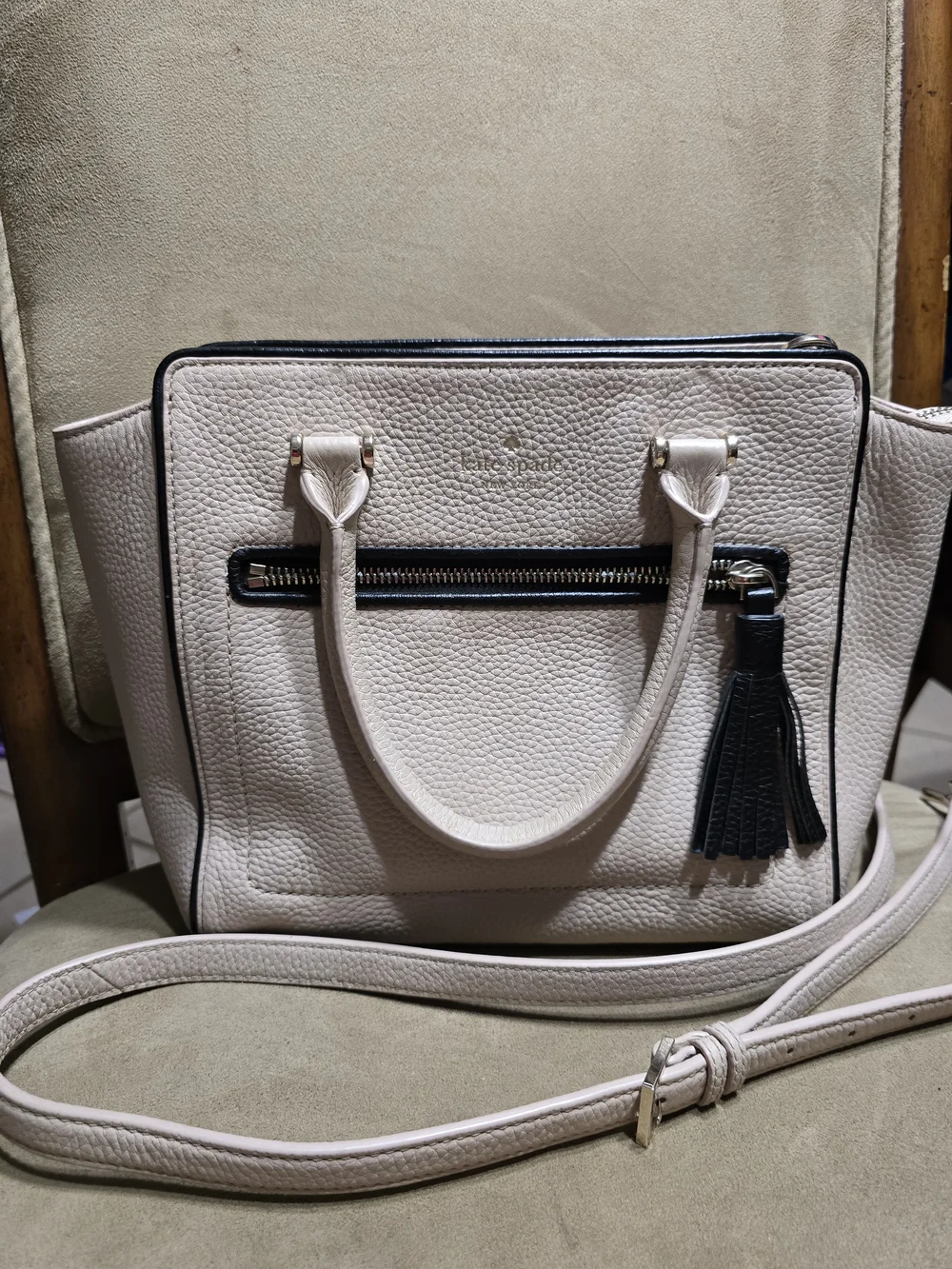 Kate Spade Cream Pebbled Leather Satchel with Black Trim
